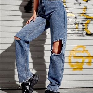 High waisted ripped detail straight leg jeans